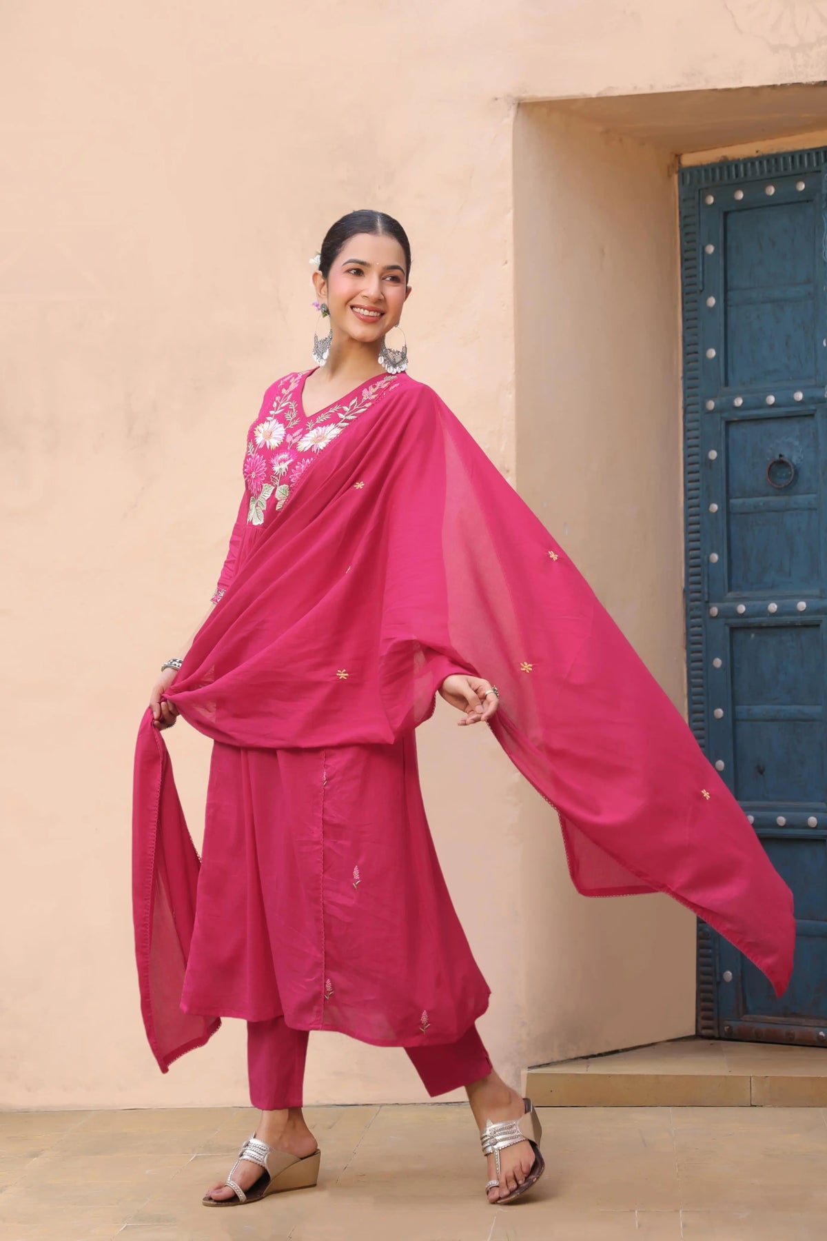 Pink Floral Embroidered Anarkali Kurta Set