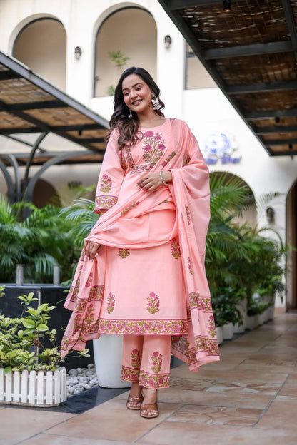 Coral Pink Floral Printed Pure Cotton Kurta Set