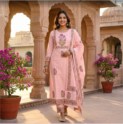 Coral Pink Floral Printed Pure Cotton Kurta Set