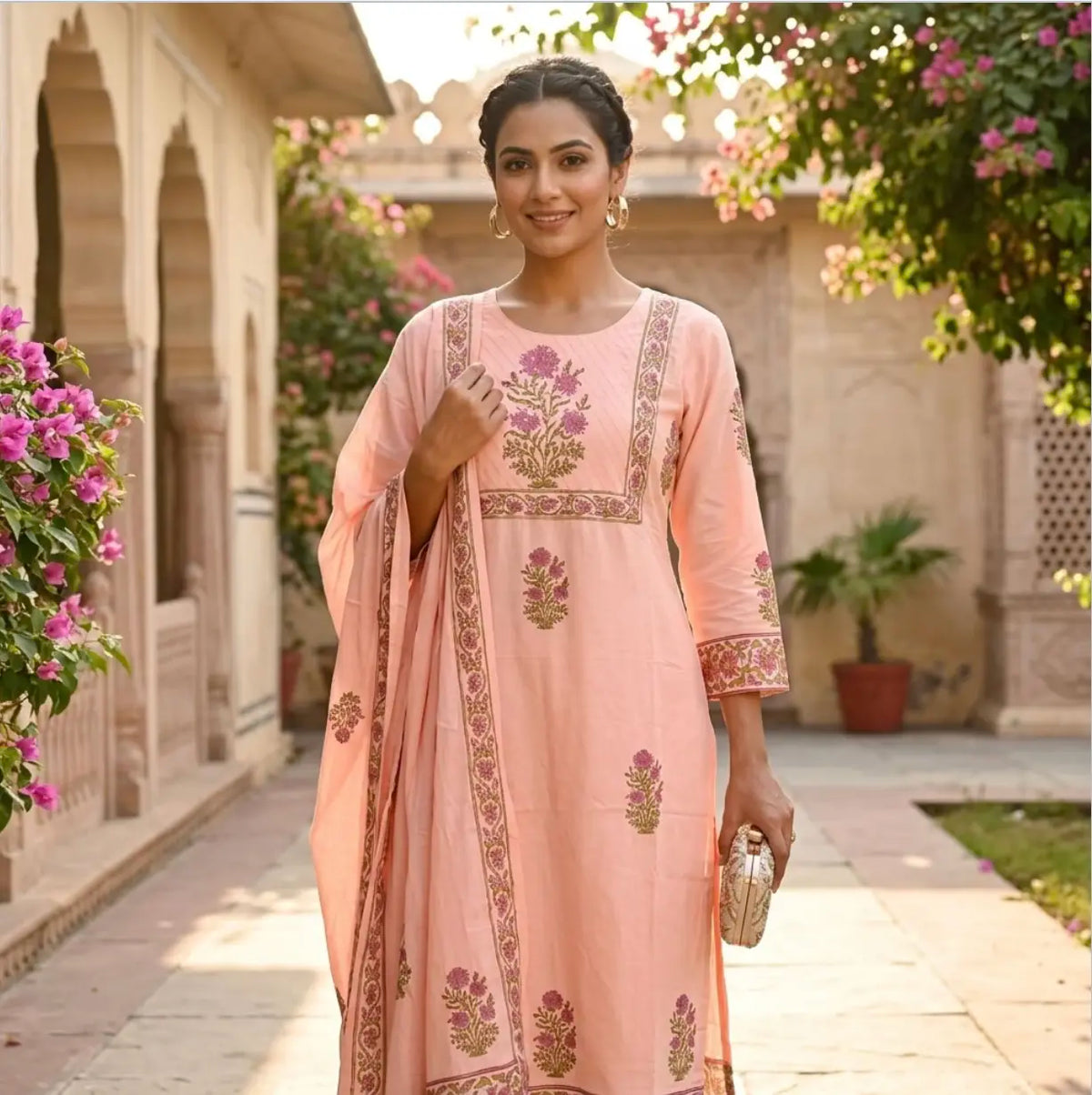 Coral Pink Floral Printed Pure Cotton Kurta Set