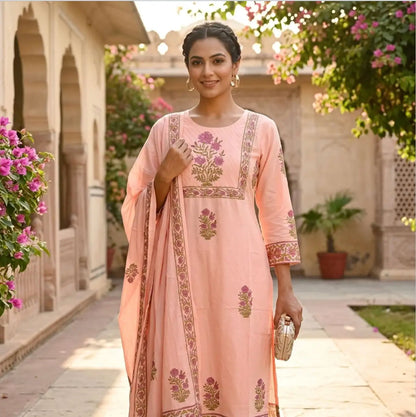 Coral Pink Floral Printed Pure Cotton Kurta Set