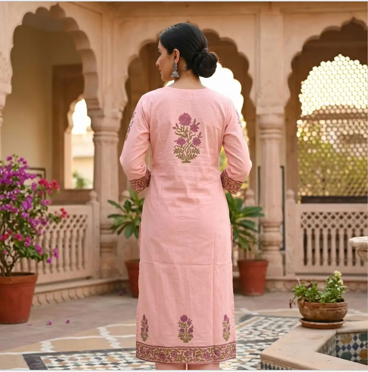Coral Pink Floral Printed Pure Cotton Kurta Set