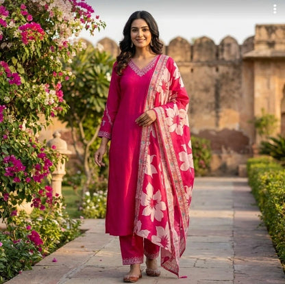 Elegant Floral Embroidered Thread Work Kurta Set With Muslin Silk Dupatta