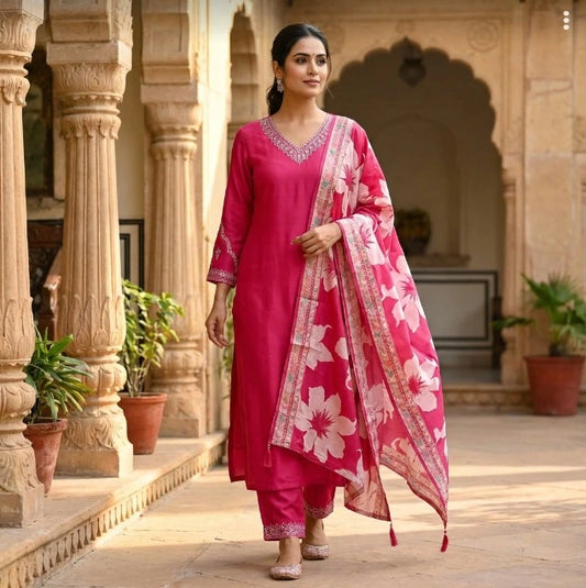 Elegant Floral Embroidered Thread Work Kurta Set With Muslin Silk Dupatta