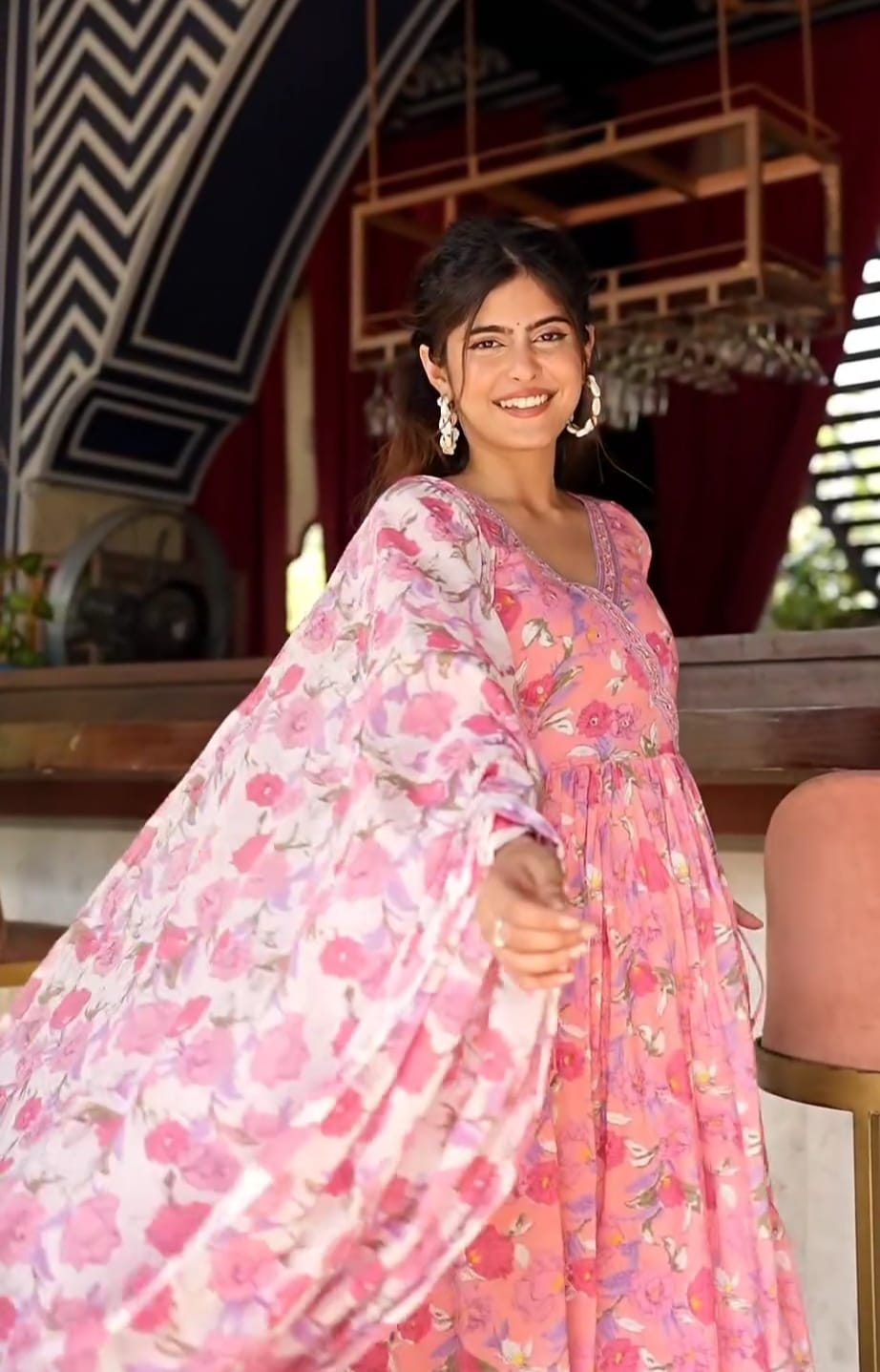 Pink Long Floral Angrakha Anarkali Suit