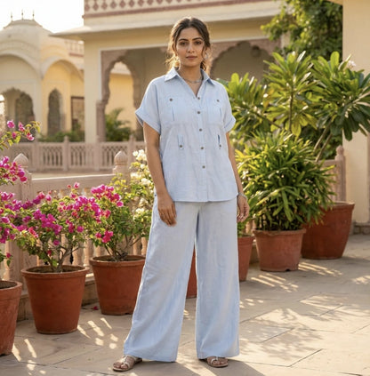 Trendy Powdered Blue Co-ord Set In Blended Linen
