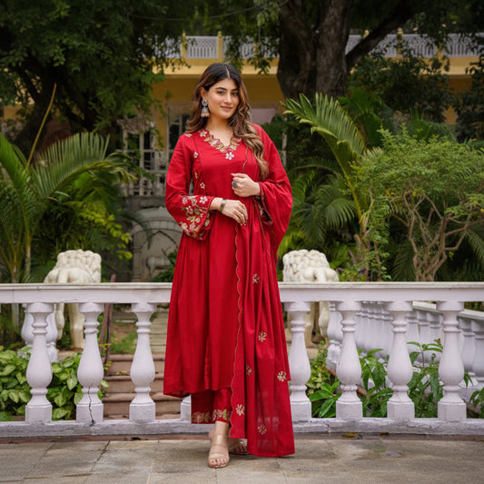 Premium Embroidered Mul Cotton Flared Suit Set in Red