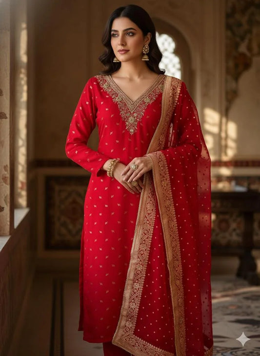 Premium Banarasi Silk Suit in Red