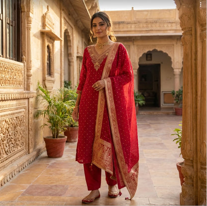 Premium Banarasi Silk Suit in Red