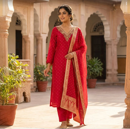 Premium Banarasi Silk Suit in Red