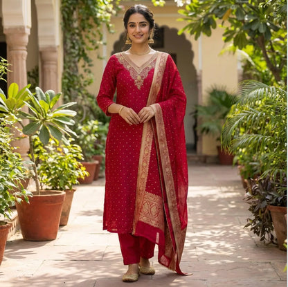 Premium Banarasi Silk Suit in Red