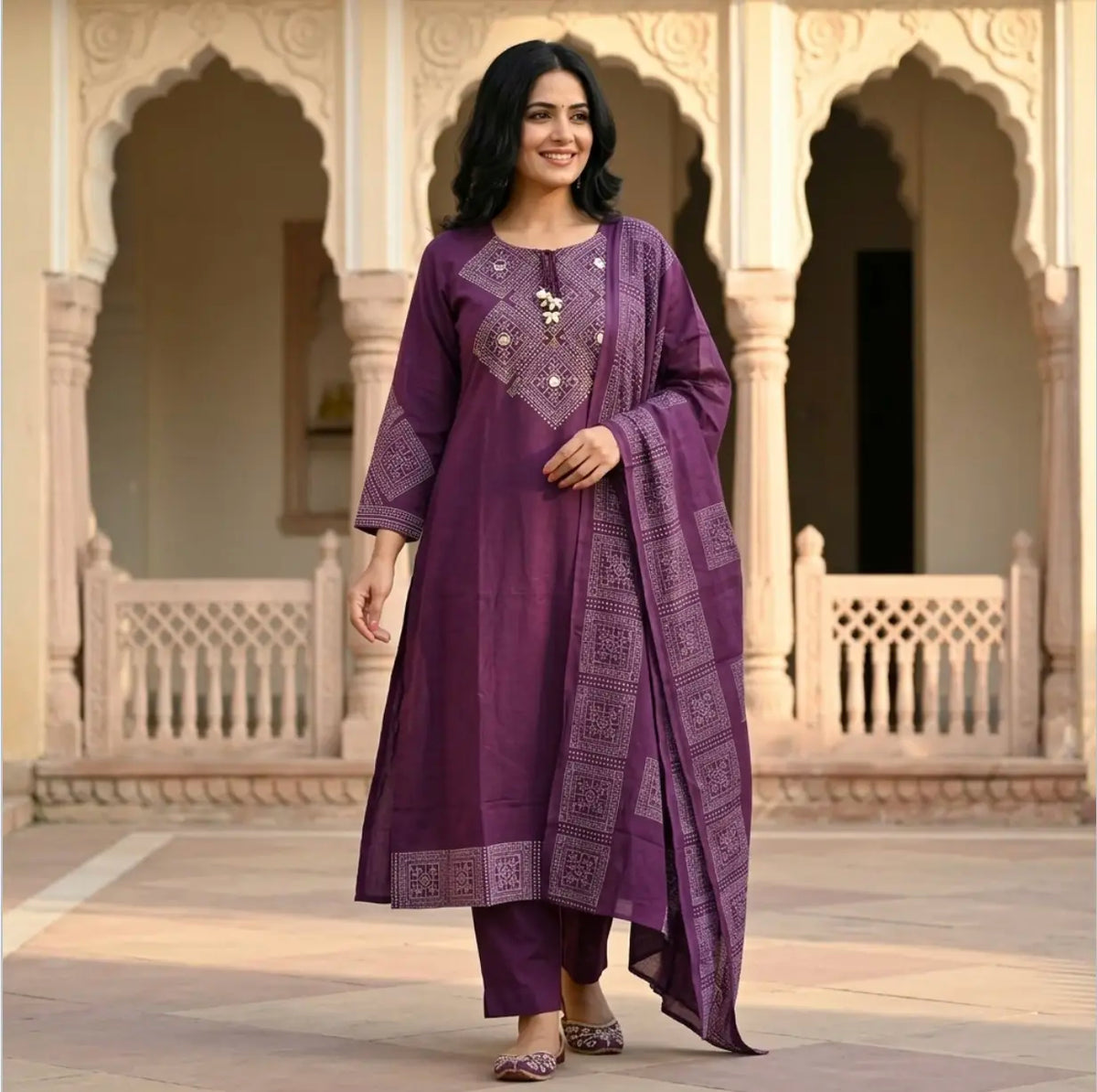 Elegant Purple Kurta Set  with tie-up tassel