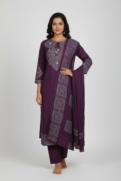 Elegant Purple Kurta Set  with tie-up tassel
