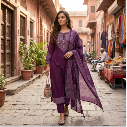 Elegant Purple Kurta Set  with tie-up tassel