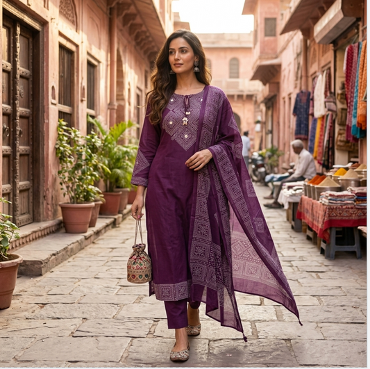 Elegant Purple Kurta Set  with tie-up tassel