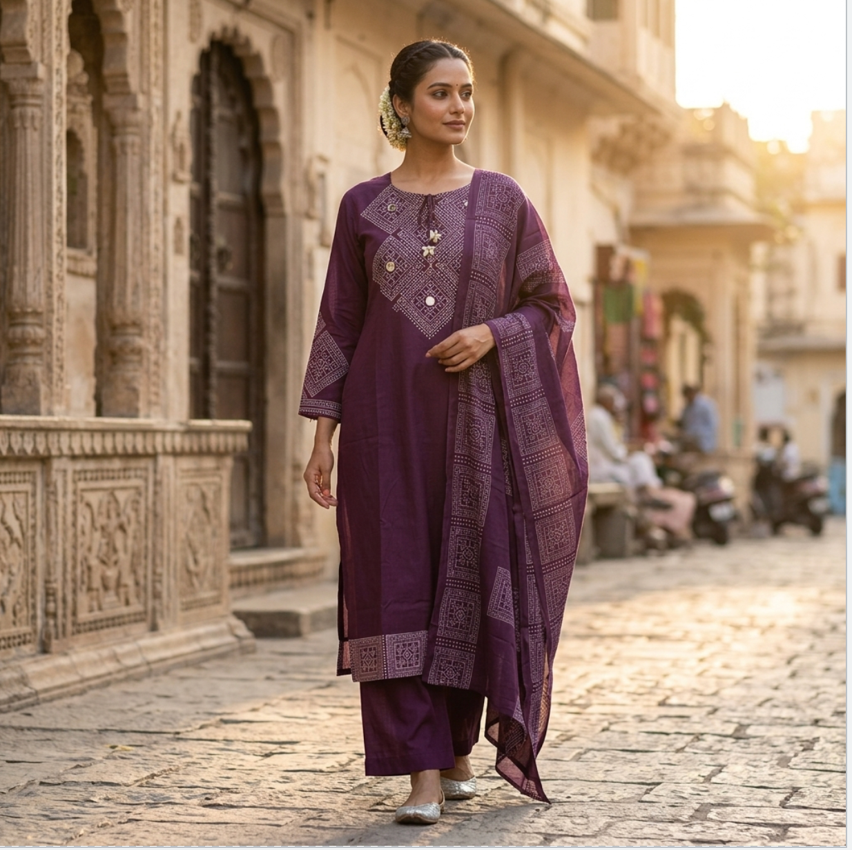 Elegant Purple Kurta Set  with tie-up tassel
