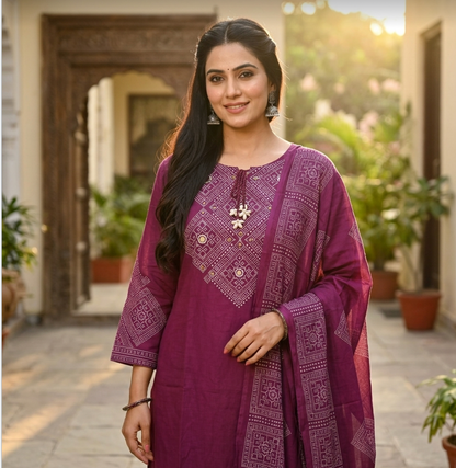 Elegant Purple Kurta Set  with tie-up tassel