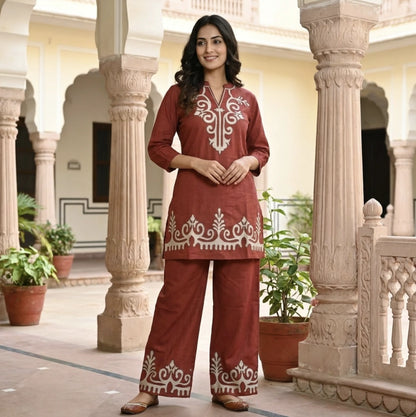 Rust Brown Embroidered Co-ord Set