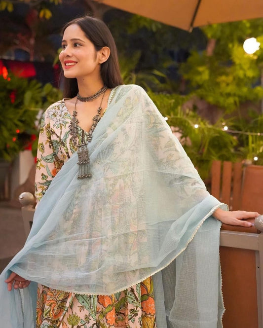 Beautiful Handblock Print Light Beige Anarkali Kurta Set