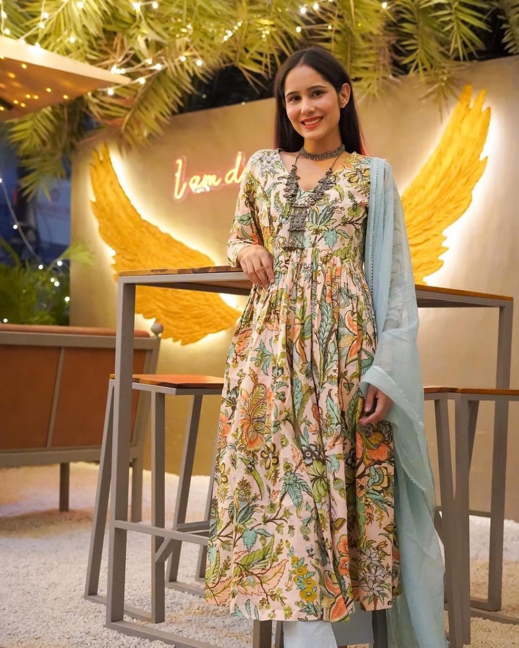 Beautiful Handblock Print Light Beige Anarkali Kurta Set