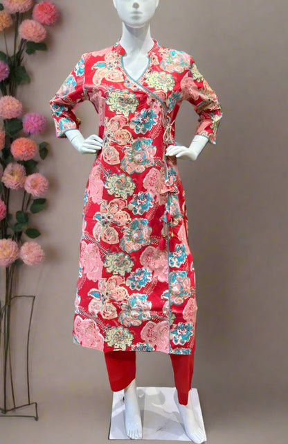 Trendy Red Floral Angarakha Kurta and Pant Set