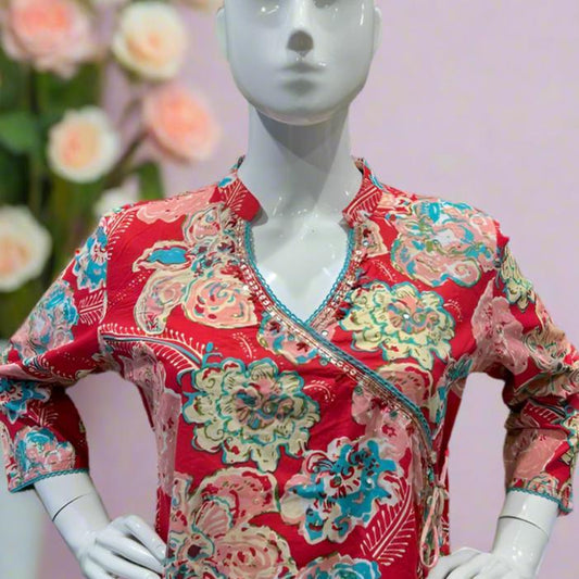 Trendy Red Floral Angarakha Kurta and Pant Set