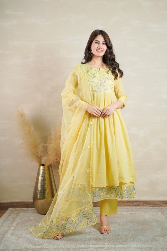 Beautiful Yellow Mul Cotton Kurti Set with Organza Dupatta