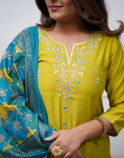 Elegant Lime Green Muslin Silk Duppata Set With Embroidery Detailing