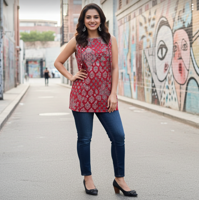 Trendy Red Block Print Sleeveless Short Cotton Kurti