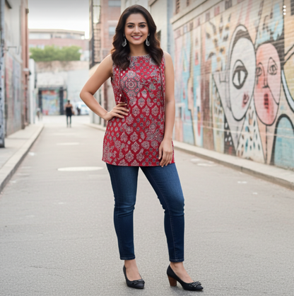Trendy Red Block Print Sleeveless Short Cotton Kurti