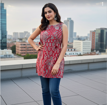 Trendy Red Block Print Sleeveless Short Cotton Kurti