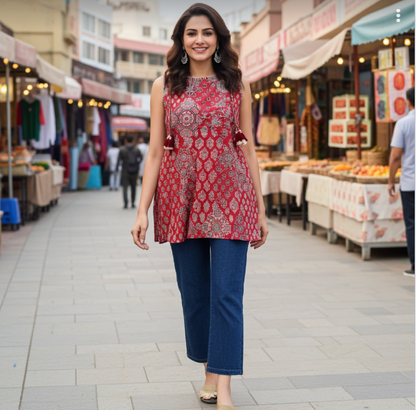 Trendy Red Block Print Sleeveless Short Cotton Kurti