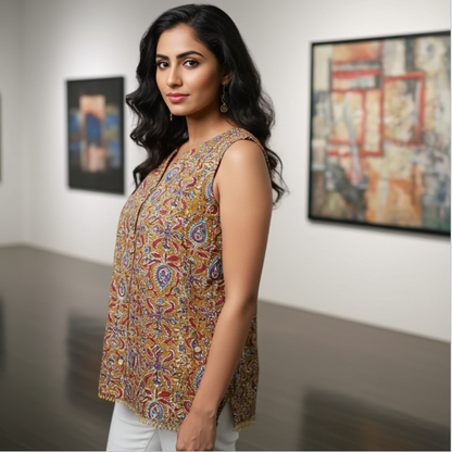 Pure Cotton Floral Print Sleeveless Short Top ( Sleeves Attached )