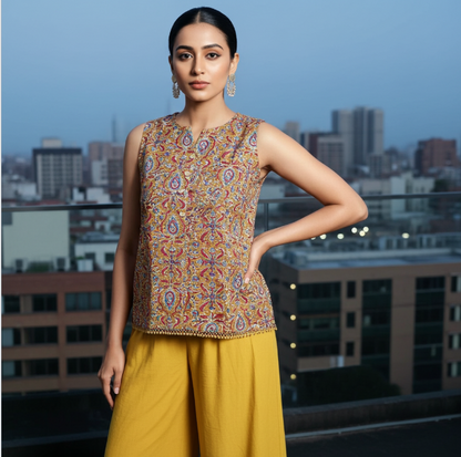 Pure Cotton Floral Print Sleeveless Short Top ( Sleeves Attached )