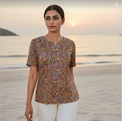 Pure Cotton Floral Print Sleeveless Short Top ( Sleeves Attached )