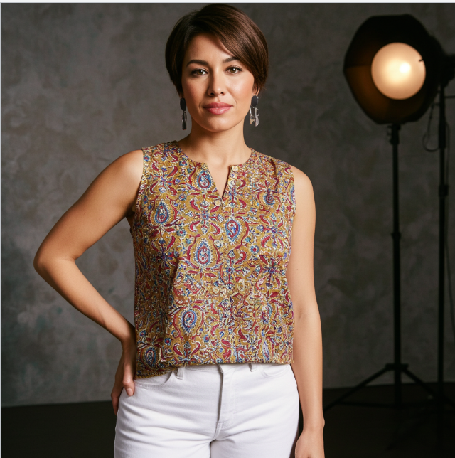 Pure Cotton Floral Print Sleeveless Short Top ( Sleeves Attached )