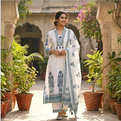 Elegant Floral Printed Cotton A-line Suit Set In White