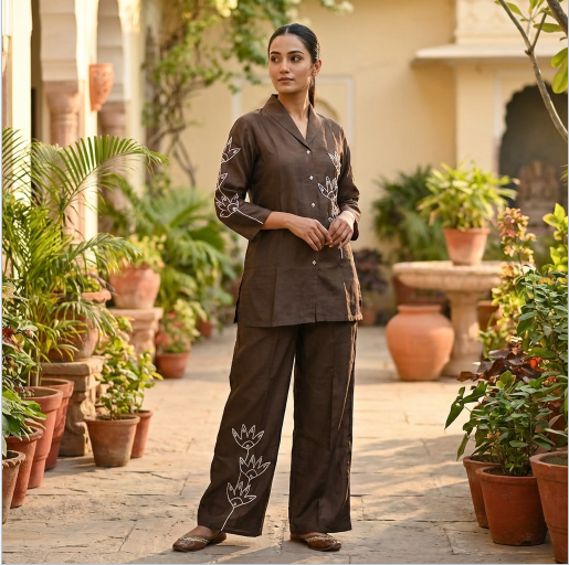 Solid Floral Cord Work Straight Fit Co-ord Set in Brown