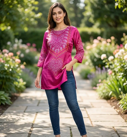 Elegant Magenta Pink Bandhej Short Kurta