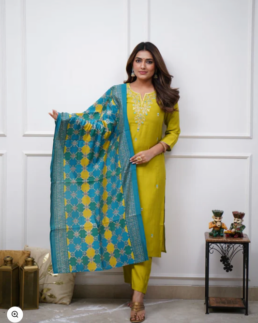 Elegant Lime Green Muslin Silk Duppata Set With Embroidery Detailing