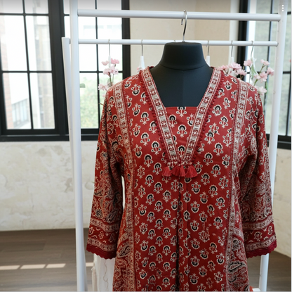 Ajrakh Print Suit Set In Red