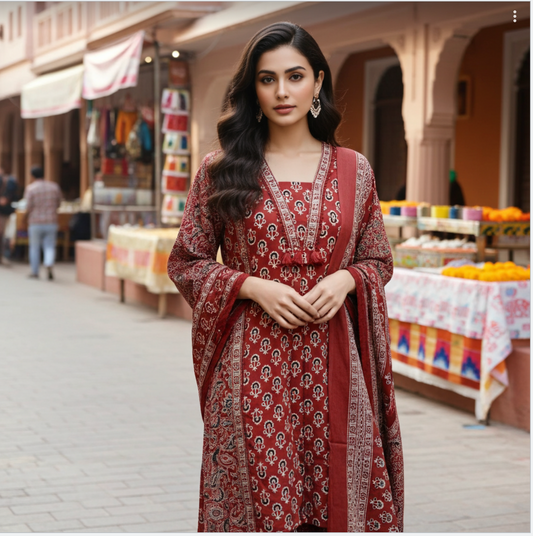 Ajrakh Print Suit Set In Red