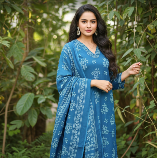 Bandhej Print Premium Cotton Suit Set in Aqua Blue