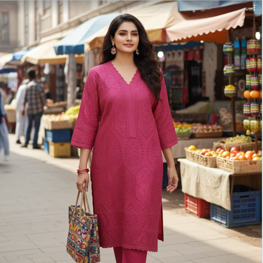 Elegant Cotton Schiffli Pink Kurta with Pants