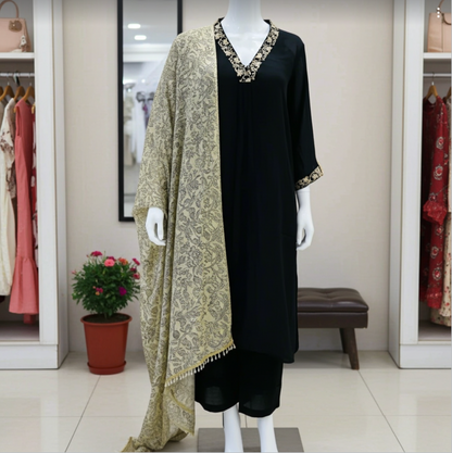 Premium Chinon Silk Suit in Black