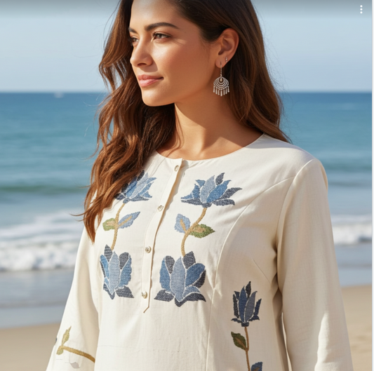 Elegant Floral Threadwork Design White Premium South Cotton Suit Set