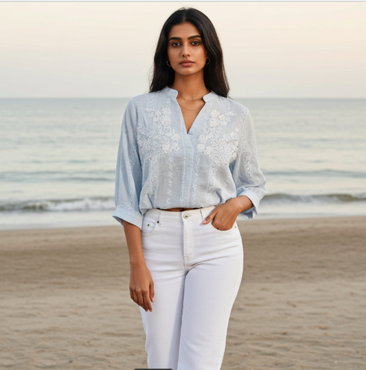 Pastel Blue Top With Embroidery And Sequin Details