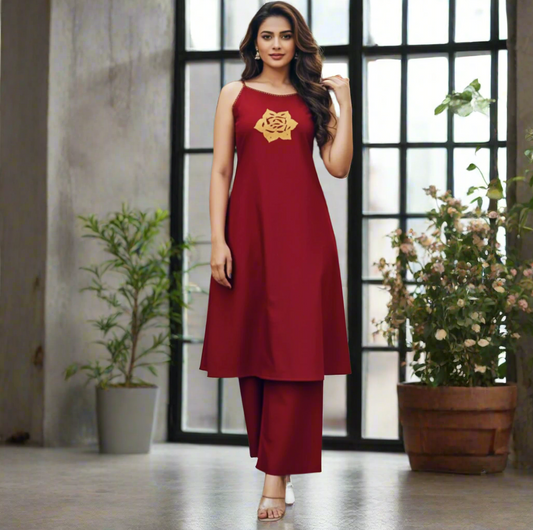 Elegant Dark Maroon A-line Cotton Spaghetti Kurti Set.