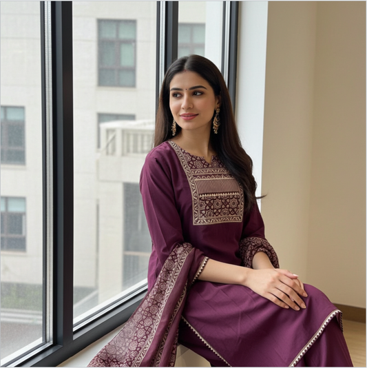 Premium Cotton Suit in Wine Solid Base