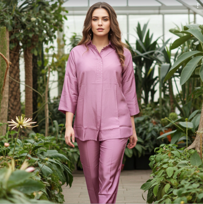 Stylish Muslin Silk, A-Line Style Co-ord Set in Mauve